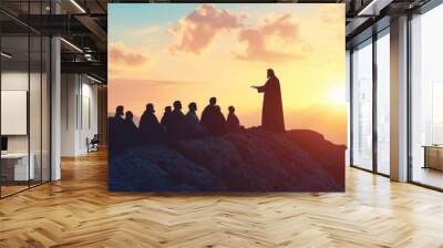 Silhouette of jesus preaching sermon on mountain top in ministry  biblical gospel teaching Wall mural