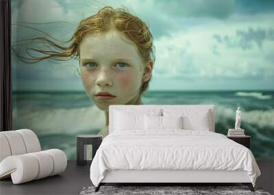 Young girl portrait at the sea in the style reminiscent of peter lindberg s iconic aesthetic Wall mural