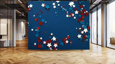 4th of July American Independence Day stars decorations frame on blue background. Flat lay, top view. Wall mural