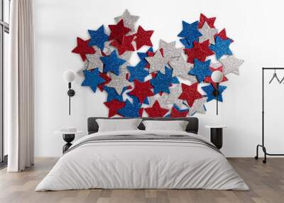 American color stars in heart shape on white background. Flat lay, top view. Wall mural