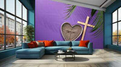 Ash Wednesday, Lent Season and Holy Week concept. Christian crosses and ashes on purple background. Wall mural