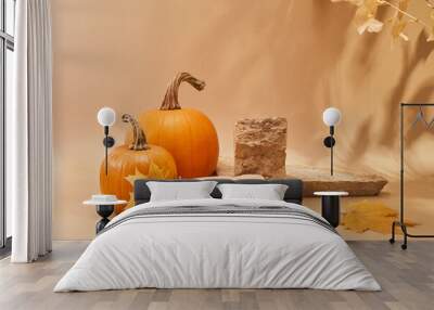 Autumn empty podium with autumn leaves and pumpkins. Wall mural