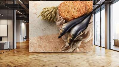 Catholic still life of five loaves of bread and two fish Wall mural