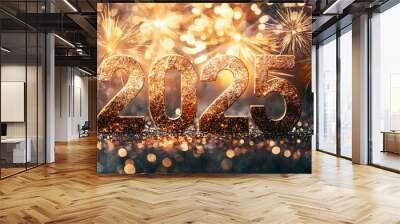 Celebrating 2025. Glittering 2025 sign with fireworks and bokeh lights Wall mural