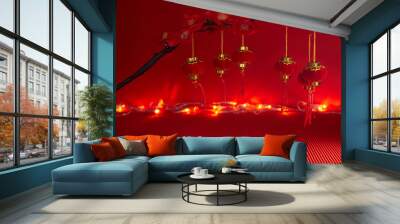 Chinese new year lanterns on red background. Chinese New Year festival decorations. Wall mural