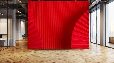 Chinese new year. Red abstract background with hand paper fan for product presentation. Wall mural