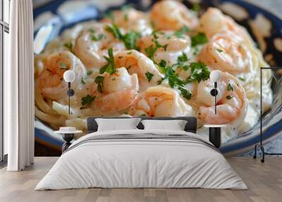 Creamy Shrimp Pasta. A delectable plate of creamy shrimp pasta with herbs, served in an inviting dish. Wall mural