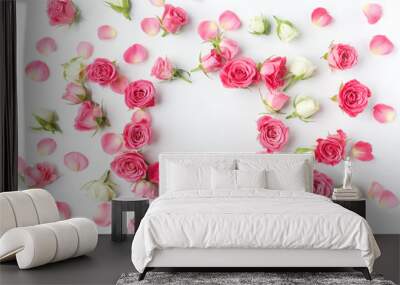 framework from roses on white background. flat lay. top view Wall mural