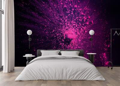 Freeze motion of pink powder exploding, isolated on black, wallpaper with copy space. Wall mural