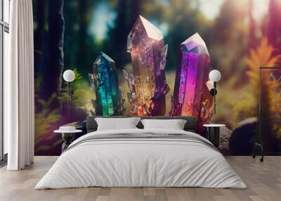 Gemstones on mysterious forest background. Life balance or esoteric and wiccan concept. Generative Ai. Wall mural