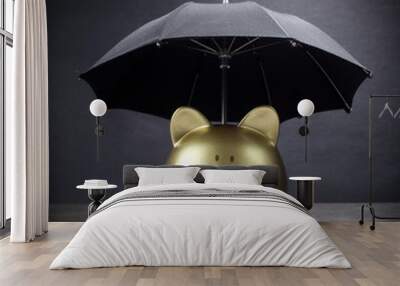 Gold Piggy bank with umbrella concept for finance insurance, protection, safe investment or banking Wall mural