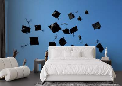 Graduation Caps Thrown in the Air on blue sky Wall mural