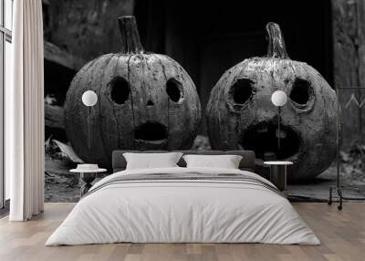 Halloween Pumpkins. Two carved pumpkins on a wooden porch Wall mural