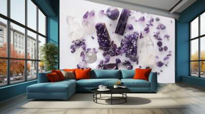 Healing purple amethyst stones on white background. Crystals for ritual Wall mural