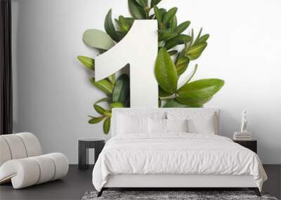 Number one shape with green leaves. Nature concept. Flat lay. Top view Wall mural