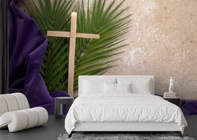 Palm cross and palm leaves. Palm sunday and easter day concept. Wall mural