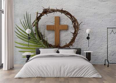 Palm sunday background. Cross and palm on grey background. Wall mural