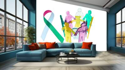 Rare Disease Day Background. Colorful awareness ribbon with group of people with rare diseases. Wall mural