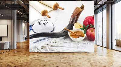 Rosh Hashanah. Jewish New Year composition with shofar, honey, apple, and pomegranate. Wall mural