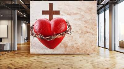 Sacred Heart of Jesus, surrounded by a crown of thorns and with wooden cross Wall mural