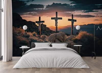 Three crosses on the mountain Jesus Christ on a sunset background. Generative Ai. Wall mural