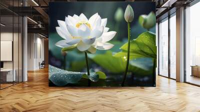 White lotus flower plants in water. Generative Ai Wall mural