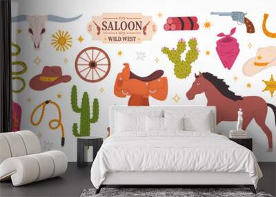 Cowboy vector set. Wild West concept. Flat hand drawn illustration with hat, horse, sheriff badge, and boots Wall mural