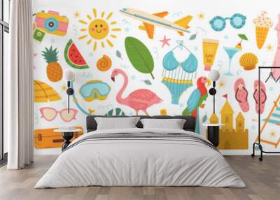 Cute big set summer beach elements. Vacation accessories for sea holidays. Cartoon vector illustration Wall mural