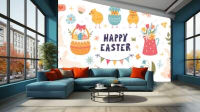 Happy Easter cute vector set. Rabbit, egg, flower and other spring elements. Vector cartoon illustration Wall mural