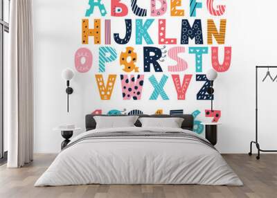 Latin multi-colored alphabet and numbers from 0 to 9 in the style of doodles on a white background. Cute bright vector English capital letters, funny hand-drawn font Wall mural