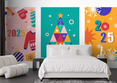 Merry Christmas and Happy New Year greeting card, poster modern set. Colorful geometric vector illustration in flat style. Banner, holiday covers template Wall mural