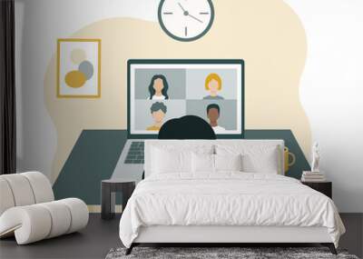 Online conference, communication and training. A woman sits in front of a laptop and looks at the screen. Vector illustration in a flat style isolated on a white background Wall mural