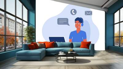 Online consultant, operator. The man works on a laptop, communicates with customers through a headset and responds to messages. Working from home, training. Vector image in flat style Wall mural