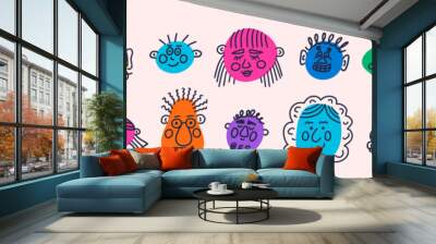 People face big set. Funny portraits, modern colorful abstract character in doodle style. Vector hand drawn illustration Wall mural