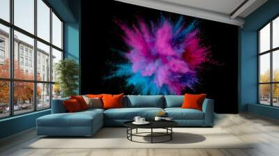 Colored powder explosion. Abstract closeup dust on backdrop. Colorful explode. Paint holi Wall mural