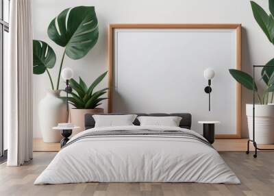 A mockup of a blank photo frame sitting on a wooden table with plants besides, minimal and clean style Wall mural