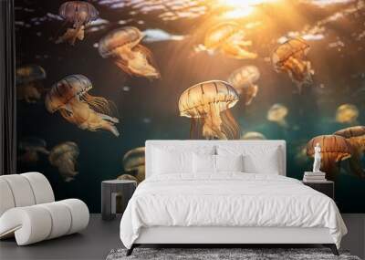 jellyfish in aquarium, jellyfish swarm in the sea with beautiful sunlight, amazing underwater life Wall mural