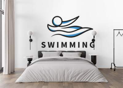 swimming logo design with athlete swim and sea wave Wall mural