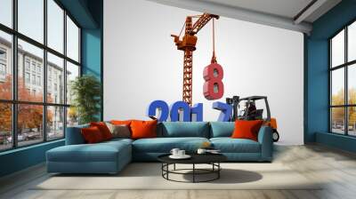 3D illustration of 2018 text with forklift and crane Wall mural