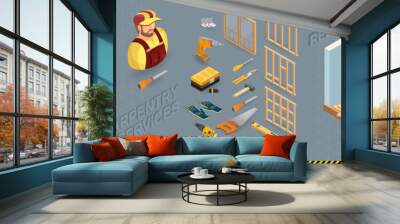 Carpenter builds a wooden construction. Vector isometric illustration. Wall mural