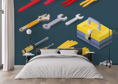 Isometric construction tools. Plumber wrench, spanner, screwdriver, hammer. Vector set. Wall mural