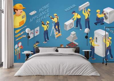 Isometric worker with tools and home appliances. Vector illustration. Wall mural