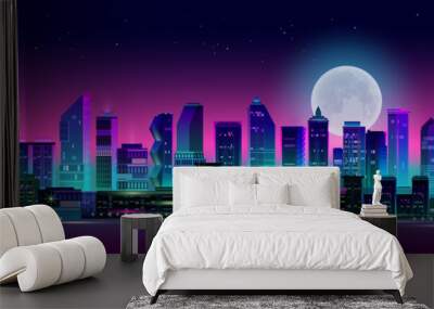 Night city panorama with moon and neon glow. Vector illustration. Wall mural