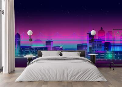 Night city panorama with neon glow on dark background. Vector. Wall mural