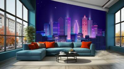 Night city panorama with neon glow. Vector illustration. Wall mural