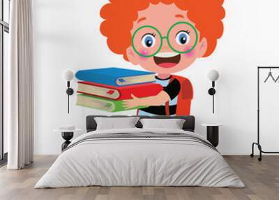 Cartoon boy holding a pile of books Wall mural