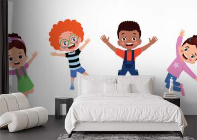 Jumping kids. Happy funny children playing and jumping in different action poses education little team vector characters. Illustration of kids and children fun and smile Wall mural