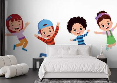 Jumping kids. Happy funny children playing and jumping in different action poses education little team vector characters. Illustration of kids and children fun and smile Wall mural