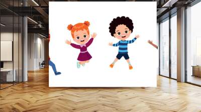 Jumping kids. Happy funny children playing and jumping in different action poses education little team vector characters. Illustration of kids and children fun and smile Wall mural