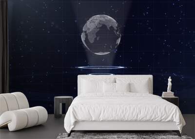 Digital data globe - abstract illustration of a scientific technology. Data network. Surrounding planet earth on three looping circles. 3D. Close up. copy space. Wall mural